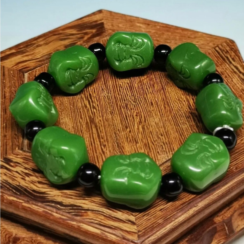 Exquisite Natural Spinach Green Jade Hand Carved Maitreya Bead Bracelet A03